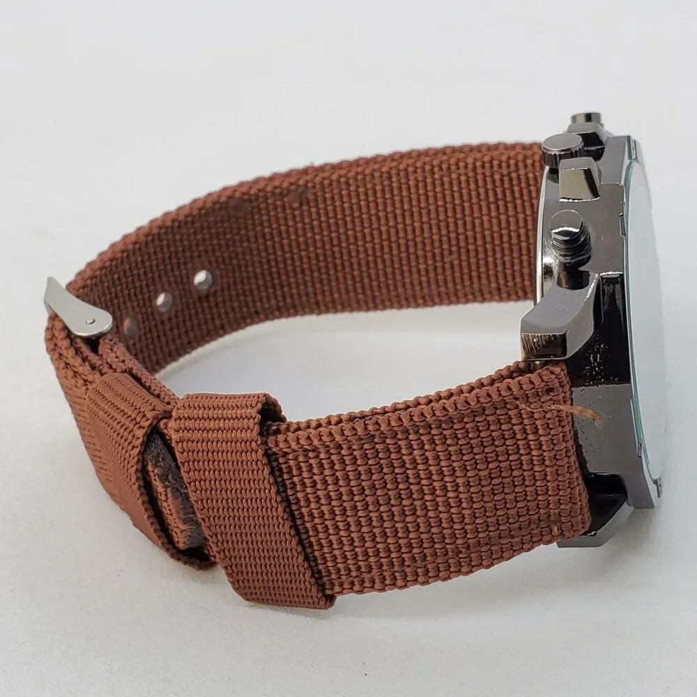 Men's Watch 42MM Black Dial Black Case Brown Canvas Band‎ Straps Date Indicator